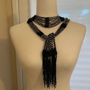 Two Pack Crocheted Beaded Necklace/Belt Jewelry Black/Silver and Blue/Silver